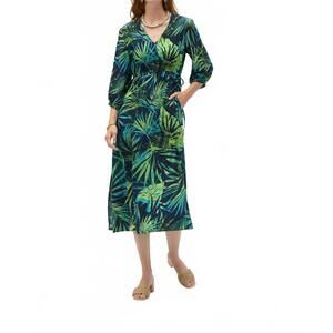 NEW JOSEPH RIBKOFF tropical print v-neck midi dress in midnight blue/ multi